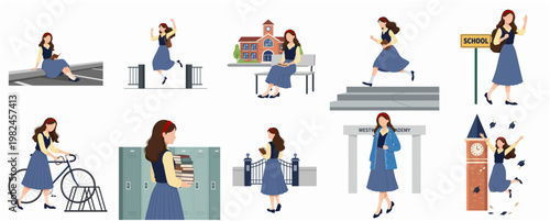 Flat Illustration Different Activities of Female Student in School Campus Isolated