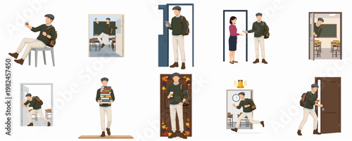 Flat Style Detailed Man Entering and Exiting Different Door Illustration Set
