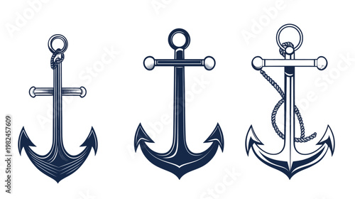 A set of three dark blue nautical anchor illustrations. Each varying design has a different rope layout and details