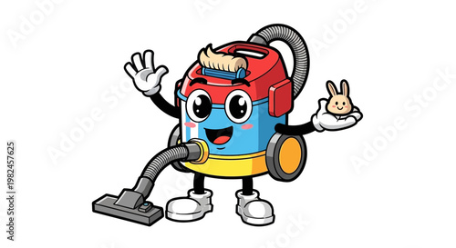 Cute Cartoon Vacuum Cleaner Character Waving Hello, Holding a Bunny Toy