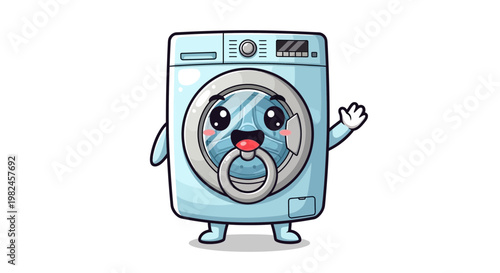 Cute Cartoon Washing Machine Character Waving Hello