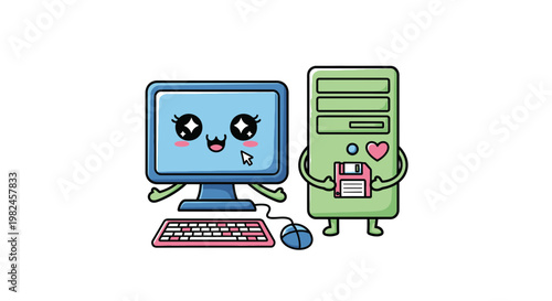 Cute Kawaii Computer Characters Holding Floppy Disk