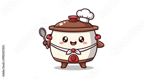 Cute Kawaii Cooking Pot Character with Chef Hat and Spoon, Food Illustration
