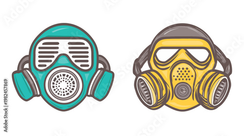 Two illustrated gas masks, teal and yellow. Cartoon style, each mask designed with different features