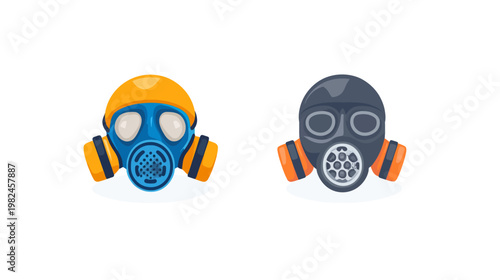 Two colorful gas masks side-by-side on white, showing full face and front