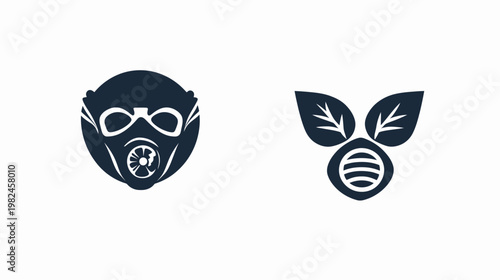A pair of minimalistic icons. One displays a gas mask. The other shows leaves and a fruit