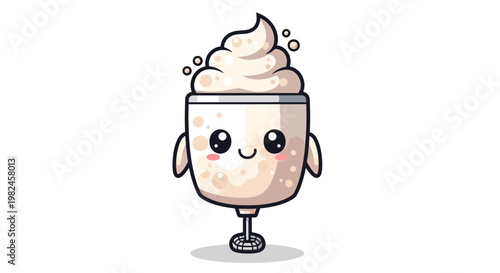 Cute Kawaii Milkshake Character with Whipped Cream and Bubbles