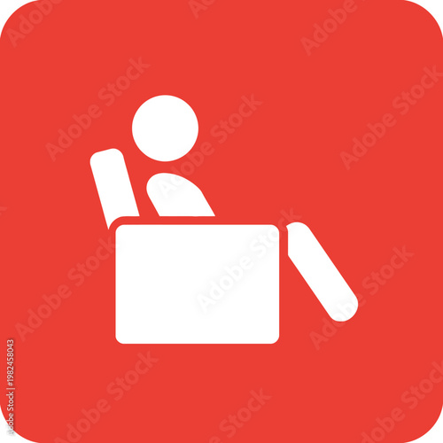 A graphic depiction of a person reclining in a chair, set against a red background