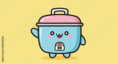 Cute Kawaii Rice Cooker Character Waving Hello