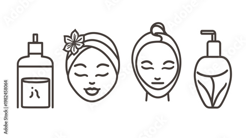 Linear illustration depicting skincare routine with facial treatments and beauty products