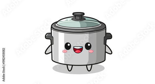 Cute Kawaii Rice Cooker Character with Happy Smiling Face