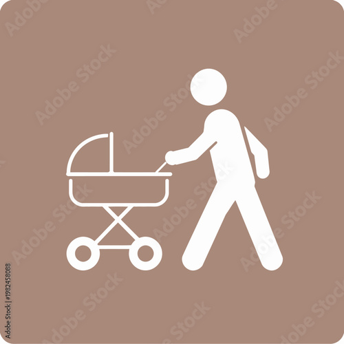 Parent pushing a baby stroller in a minimalist graphic. Depicting family, care, and parenthood with a simple visual