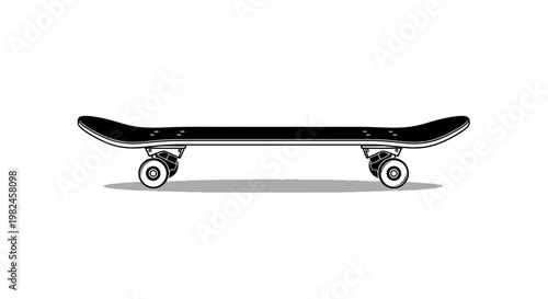 Black and white skateboard illustration on a clean white background.