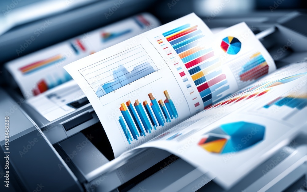Fototapeta premium Closeup of Printer Output Tray with Freshly Printed Data Visualization Charts