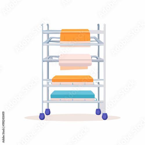 Colorful illustration of a metal laundry cart with folded towels