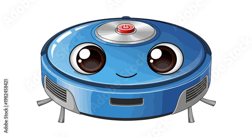 Cute robot vacuum cleaner with cartoon eyes and happy face, isolated on white
