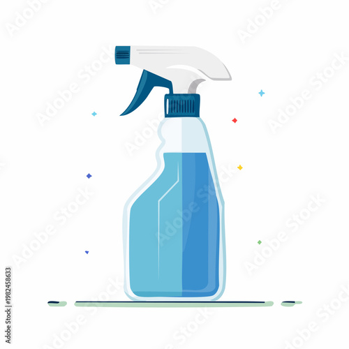 Colorful illustration of a blue cleaning spray bottle