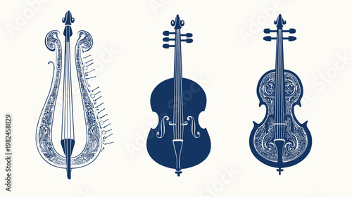 A stylized illustration depicting three stringed musical instruments. Each instrument has a unique design