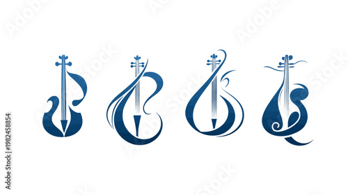 Four stylized violin illustrations in varying flowing, abstract designs with dark blue color