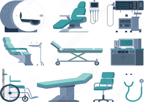 Modern medical diagnostic equipment set with MRI scanner hospital bed wheelchair and professional healthcare monitoring tools