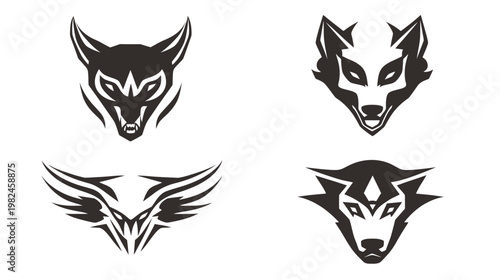 Four black-and-white stylized images of animal heads with sharp, geometric designs on white background
