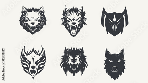 Six stylized grayscale illustrations of wolf faces with varied expressions and designs