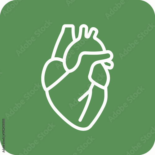 Human heart icon in outline on green background. Represents the organ responsible for blood circulation, health, life and vitality