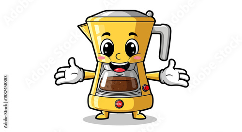Happy Coffee Maker Character with Open Arms, Kawaii Style