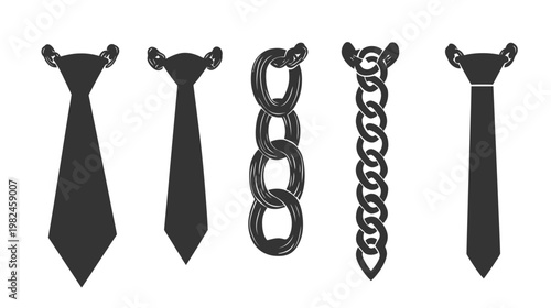 Monochrome illustration of five different neckties with various styles and textures on white background