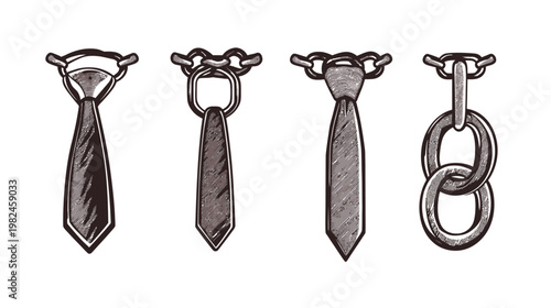 Artistic depiction of four stylized ties, each with unique knot and visual styles