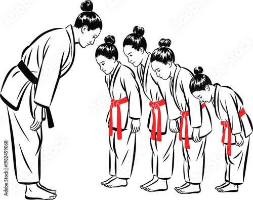 Martial arts master and young students in traditional uniform bowing with respect isolated vector illustration design