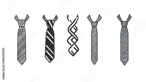 Illustration of various men's neckties. The ties have different designs on a white background