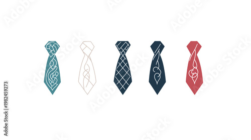 Five decorative neckties in various colors, each with unique white line art patterns, on a white background
