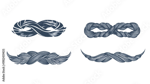 Intricate, stylized illustrations depicting various twisted rope or braid shapes in a dark blue hue