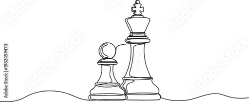 Minimalist continuous line drawing of a chess king and pawn standing together on a simple white background