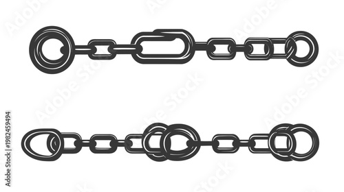 Two linear illustrations of stylized, textured chain links in black and white, against a blank background