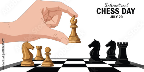 A hand placing a wooden bishop chess piece on a board to celebrate International Chess Day July 20