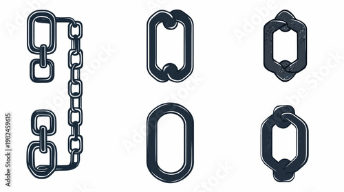 A graphic featuring various chain links and a full chain in a dark blue hue against a white background