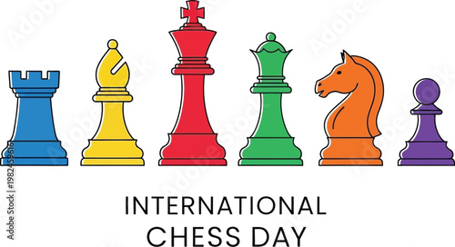 Colorful Vector Illustration Featuring Various Chess Pieces Arranged In A Row To Celebrate International Chess Day Event