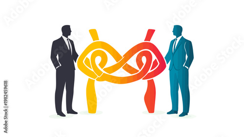 Two business-suited silhouettes standing on either side of a colorful, interwoven shape
