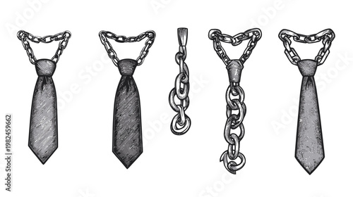 Stylized illustration of ties adorned with chains, showcasing various angles and styles in grayscale