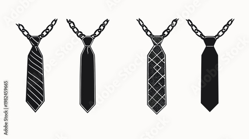 A monochrome illustration of four neckties, each with a different design, linked to chains