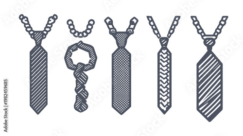 Illustration of five different neckties. Each has a different pattern and chain. All are isolated