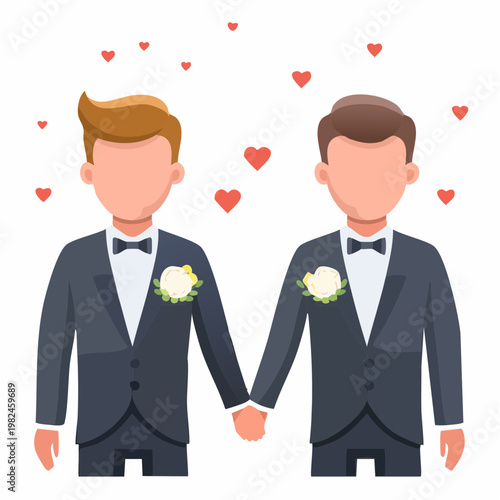 Vector icon of two grooms LGBTQ holding hands in tuxedos with floral boutonnieres, simplified flat no-face style, style, isolated on white background with hearts above them