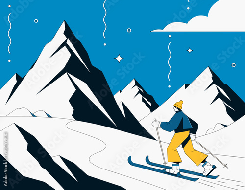 Skiing man wearing yellow pants and blue jacket glides across snowy slope in an alpine landscape with bright blue sky and majestic mountains in the background