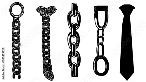 Silhouetted, bold illustrations of chains and a tie against a stark white backdrop