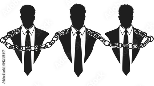Silhouetted businessmen with chains, symbolic of being trapped or under control. Monochrome aesthetic
