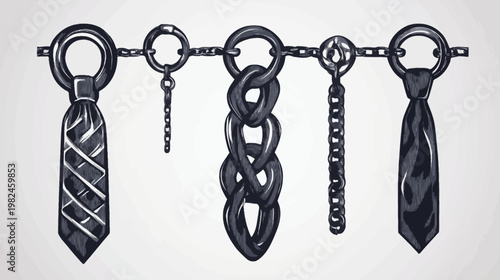 Stylized grayscale illustration of five hanging accessories, including ties and chains, on a white background