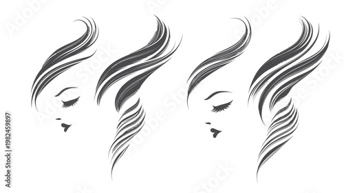 Four minimalist illustrations of feminine faces with flowing hair and closed eyes