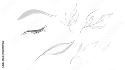 Stylized, minimalist illustrations of elements including an eye, brushstrokes, and various plant leaves in grayscale